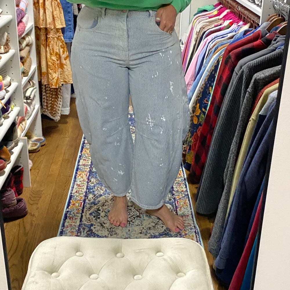 Free People Blue and White Striped Mid Rise Barrel Jeans